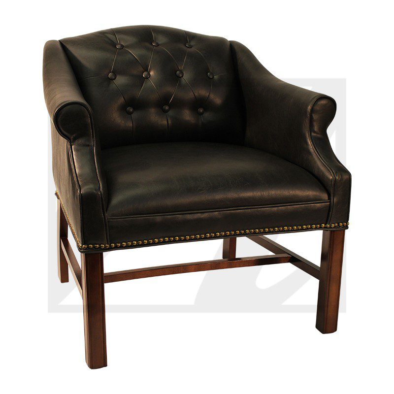 Classic dark brown leather armchair with wooden legs and tufted backrest.