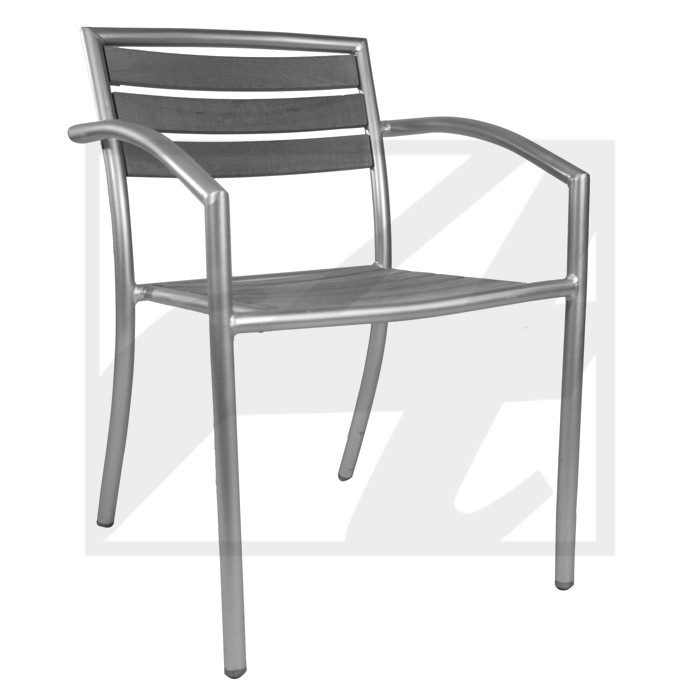 A modern metal chair with armrests casting a shadow.