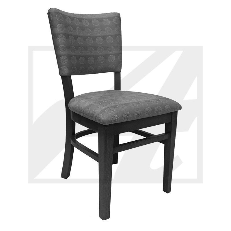 Gray cushioned chair with a dark wooden frame and woven backrest.