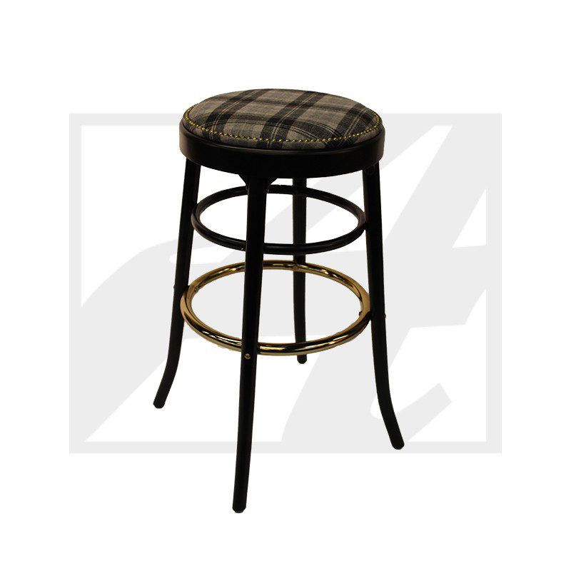 Round bar stool with black legs and plaid cushioned seat.