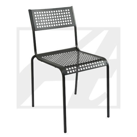 Modern black metal chair with perforated seat and backrest.
