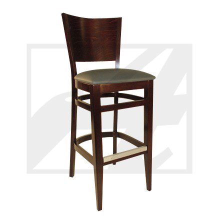 Wooden bar stool with cushioned seat and backrest.