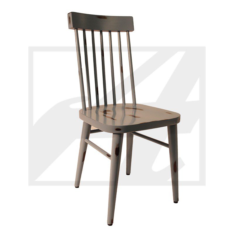 Simple wooden dining chair with vertical back slats.