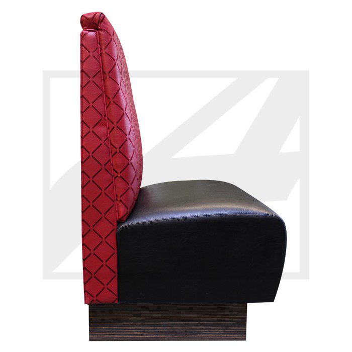Red and black restaurant booth seat with high backrest.