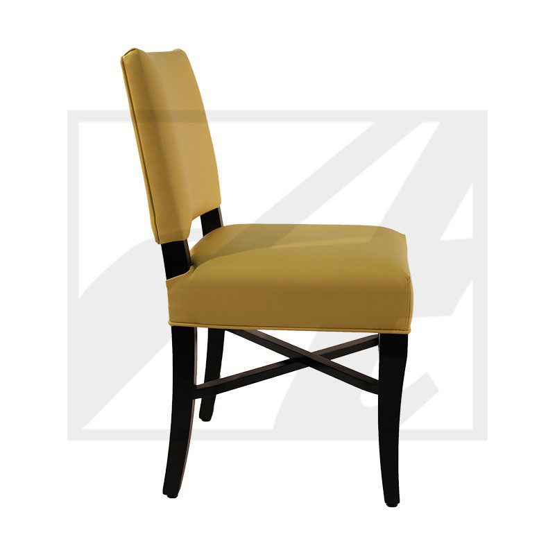 Modern mustard-yellow upholstered dining chair with dark wooden legs.