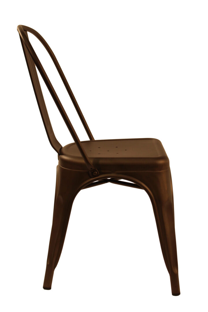 Industrial-style metal chair with a brown finish and a curved backrest.