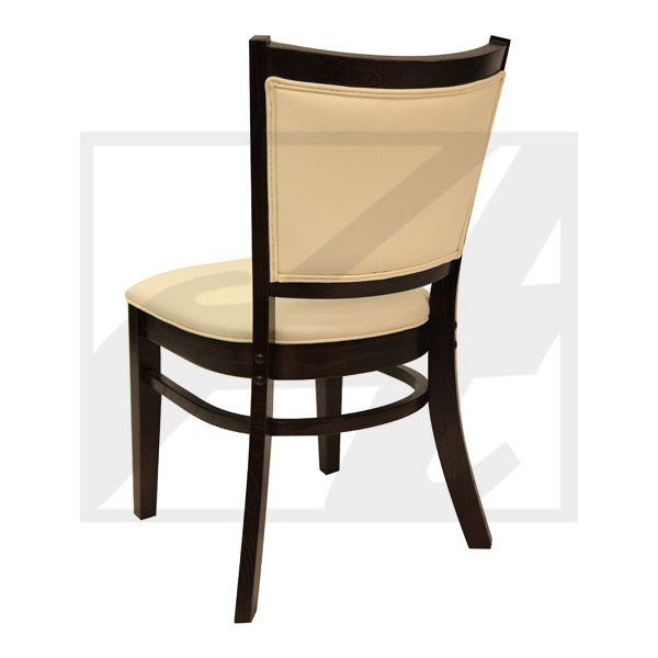 Wooden chair with beige cushioned seat and backrest.