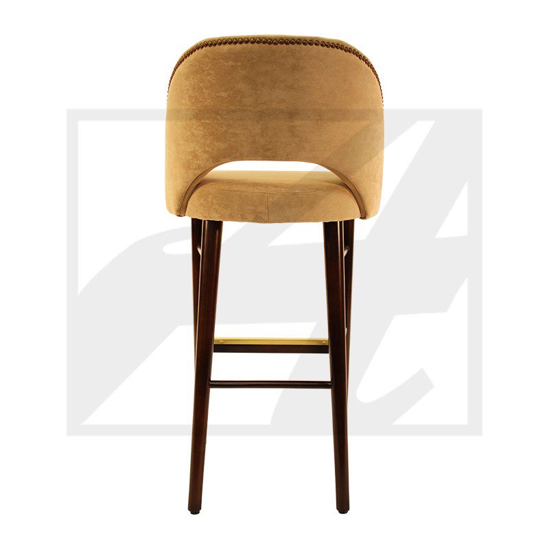 Modern bar stool with beige cushioned seat and dark wooden legs.