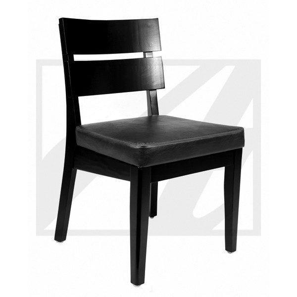 Modern black wooden chair with cushioned seat and slatted backrest.