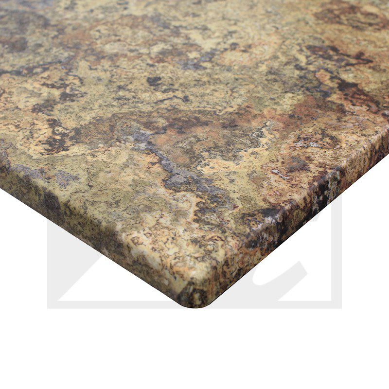 Close-up of a brown and beige granite countertop corner.