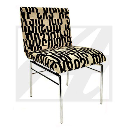 Modern chair with black and beige patterned upholstery and metal frame.