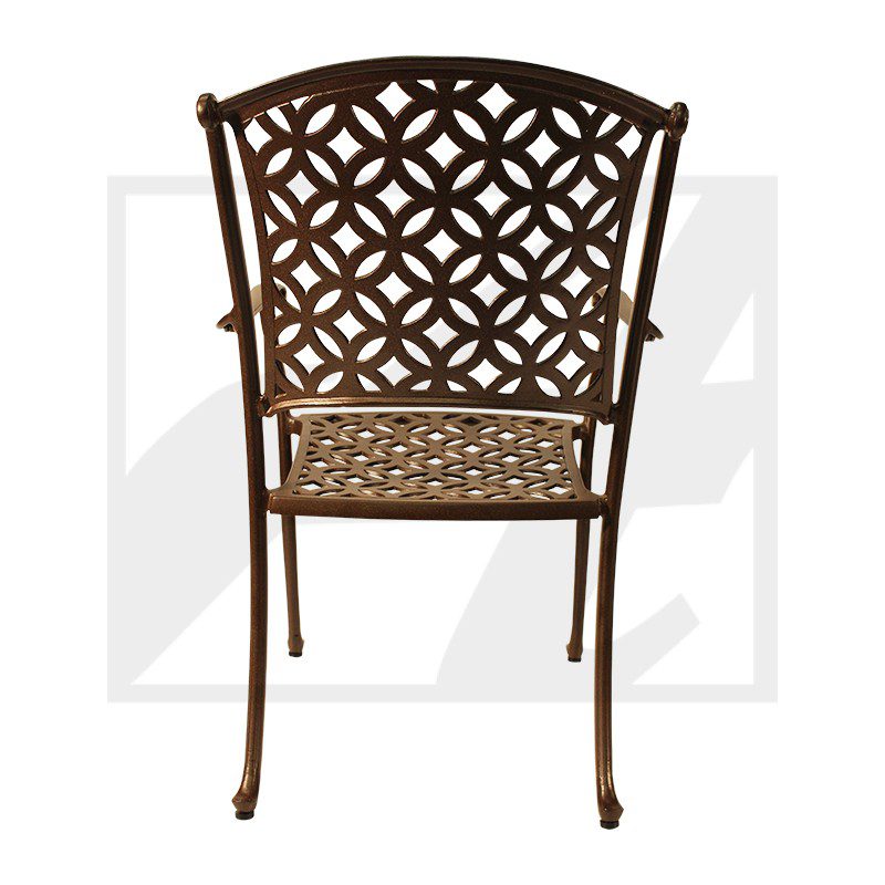 Ornate metal outdoor chair with lattice back and woven seat.
