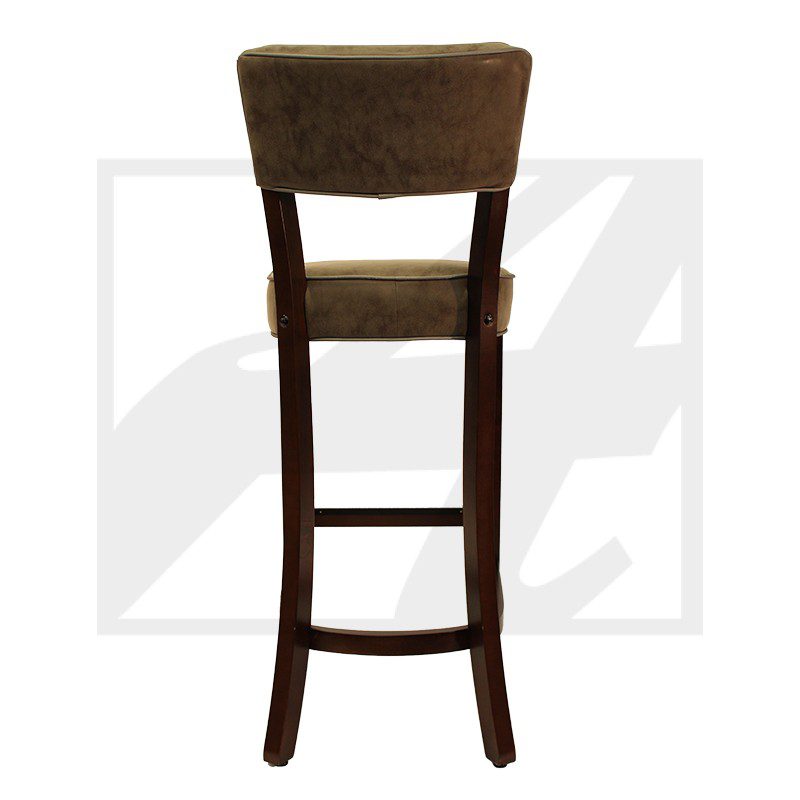 Wooden bar stool with a cushioned seat and backrest.