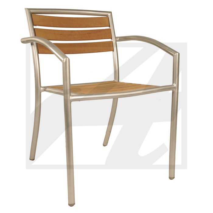 Modern outdoor chair with metal frame and wooden slats.