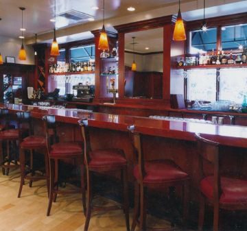 Empty bar with wooden stools and warm lighting.