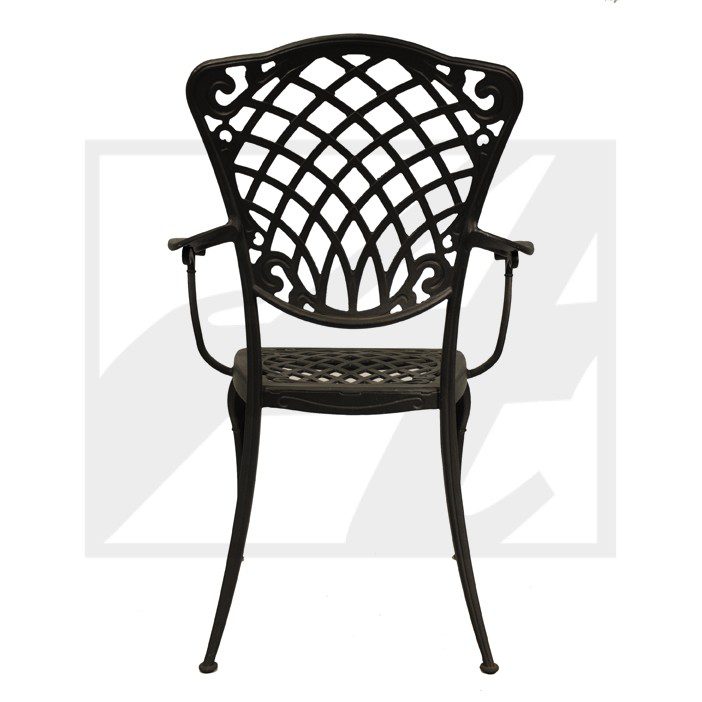 Ornate black metal outdoor chair with lattice design.
