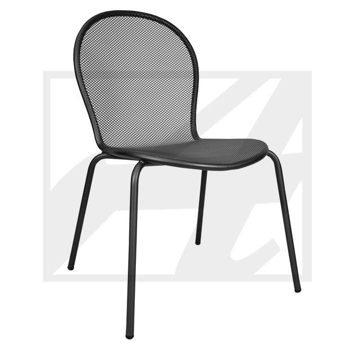 Modern black metal mesh chair with sleek legs.