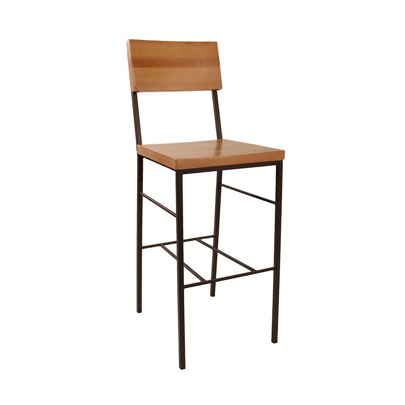 Tall wooden bar stool with metal legs and footrest.