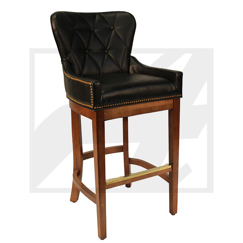 Elegant black leather bar stool with wooden legs and brass accents.