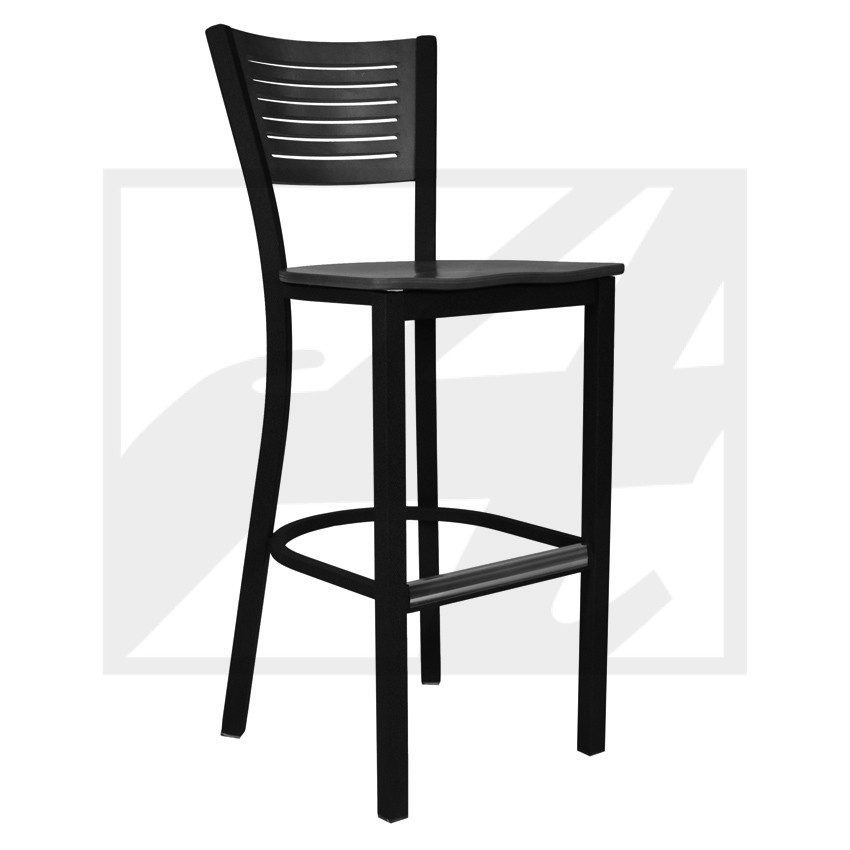 Black bar stool with a slatted backrest and footrest.