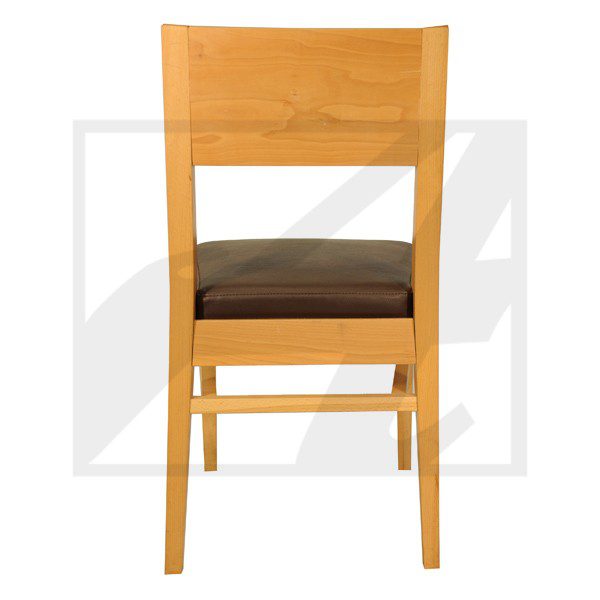 Simple wooden chair with a brown cushioned seat, shown from the back.
