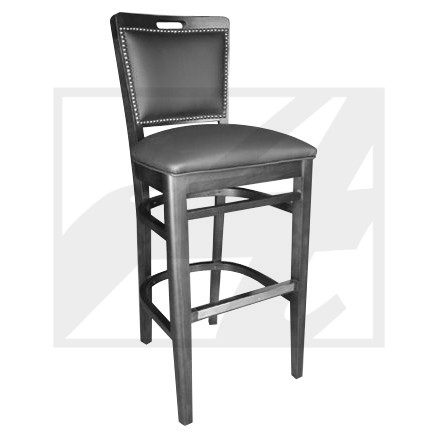 Modern wooden bar stool with cushioned seat and backrest.
