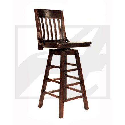 Wooden high chair with a backrest and footrests.