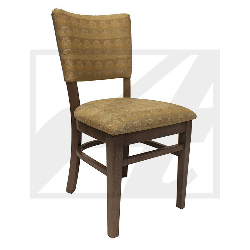 Wooden dining chair with cushioned seat and backrest in tan upholstery.