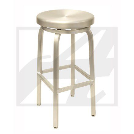 A simple, round beige bar stool with four legs and footrests.
