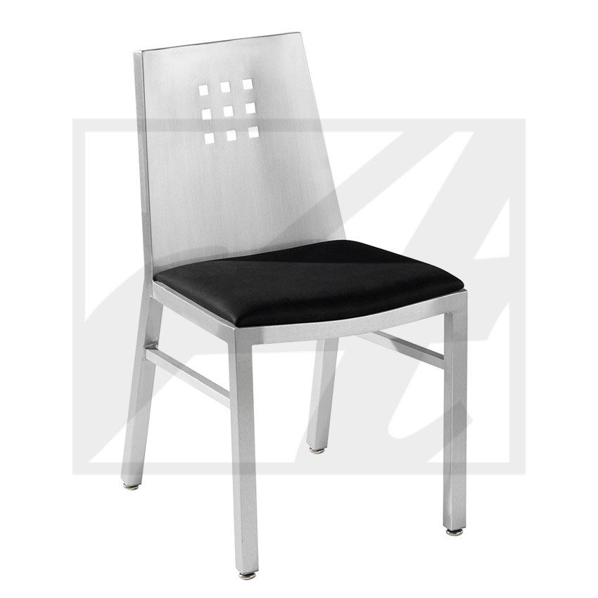 Modern chair with metal frame and black cushioned seat.