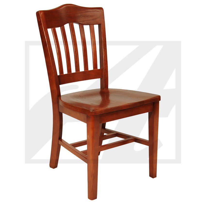 Classic wooden chair with vertical slats and rich finish.