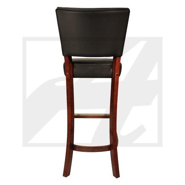 Elegant bar stool with dark leather seat and wooden legs.