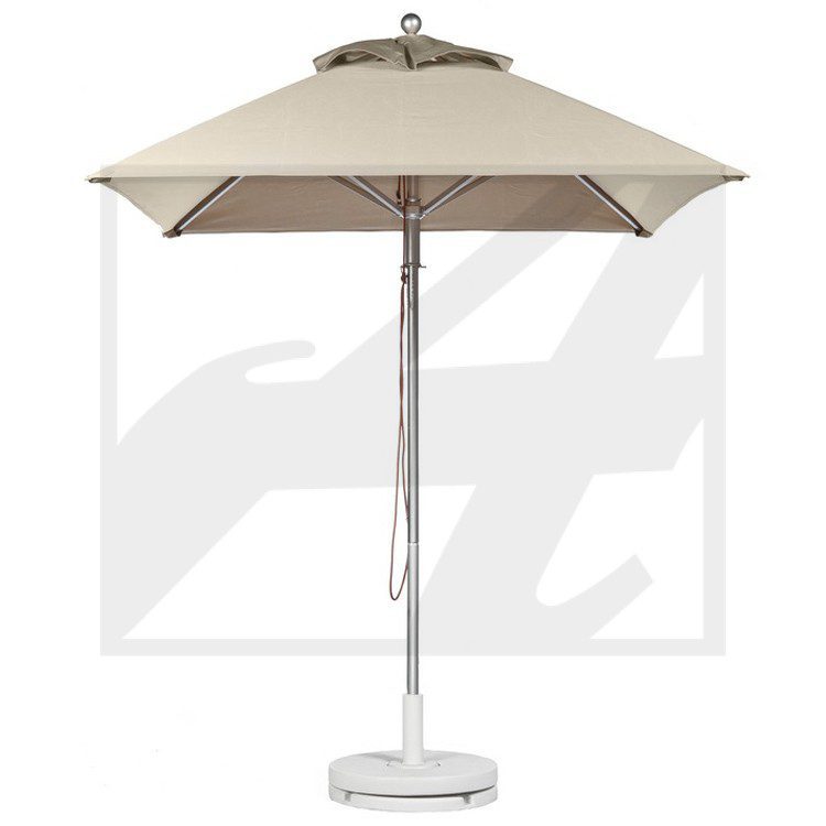 Beige outdoor patio umbrella with crank and sturdy base.