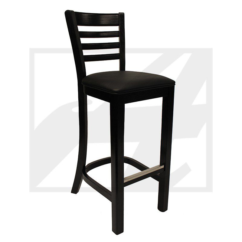 Black wooden bar stool with a cushioned seat and ladder back design.