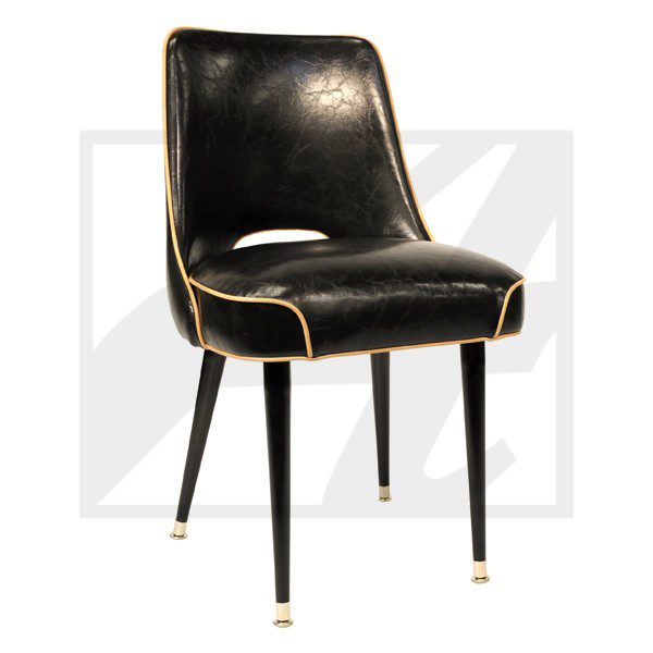 Elegant black leather chair with gold trim and tapered legs.