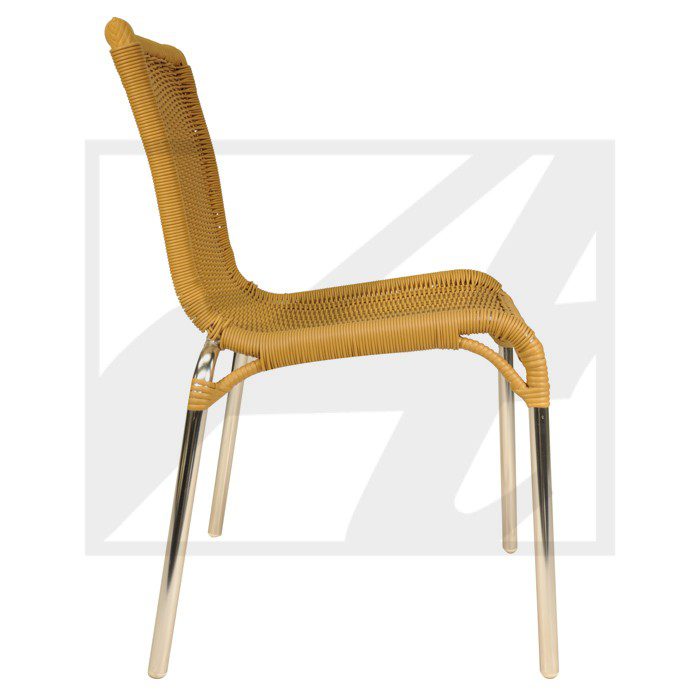Side view of a modern mustard yellow chair with metal legs.
