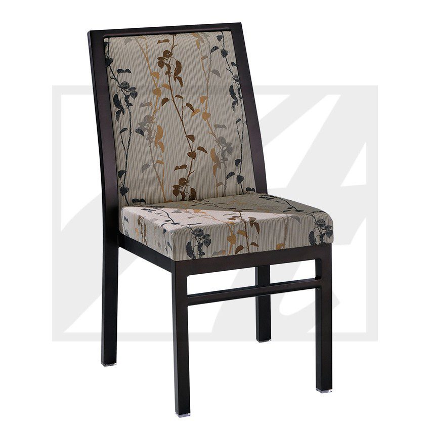 Upholstered dining chair with floral fabric and dark wooden frame.