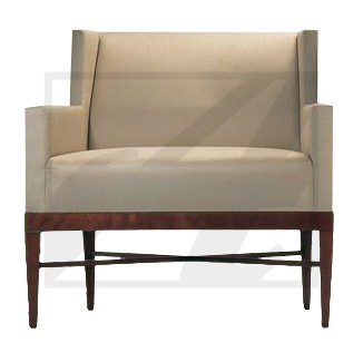 Elegant beige armchair with wooden legs and crossbar support.