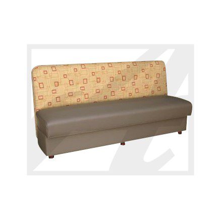 A beige and brown upholstered sofa with a patterned backrest.
