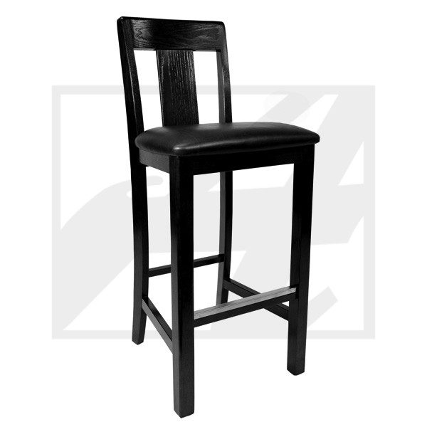 Black wooden bar stool with a cushioned seat.