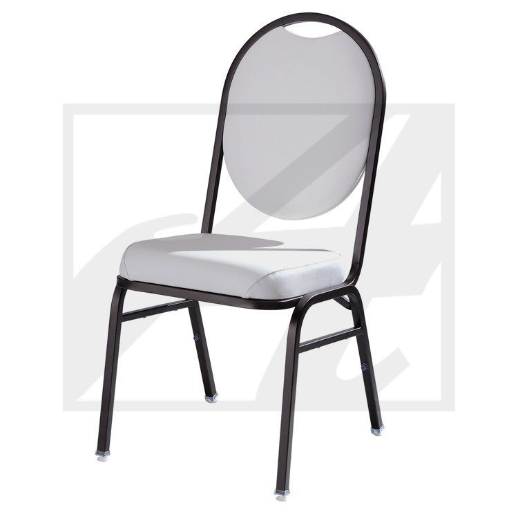 A gray banquet chair with black metal legs and a rounded backrest.