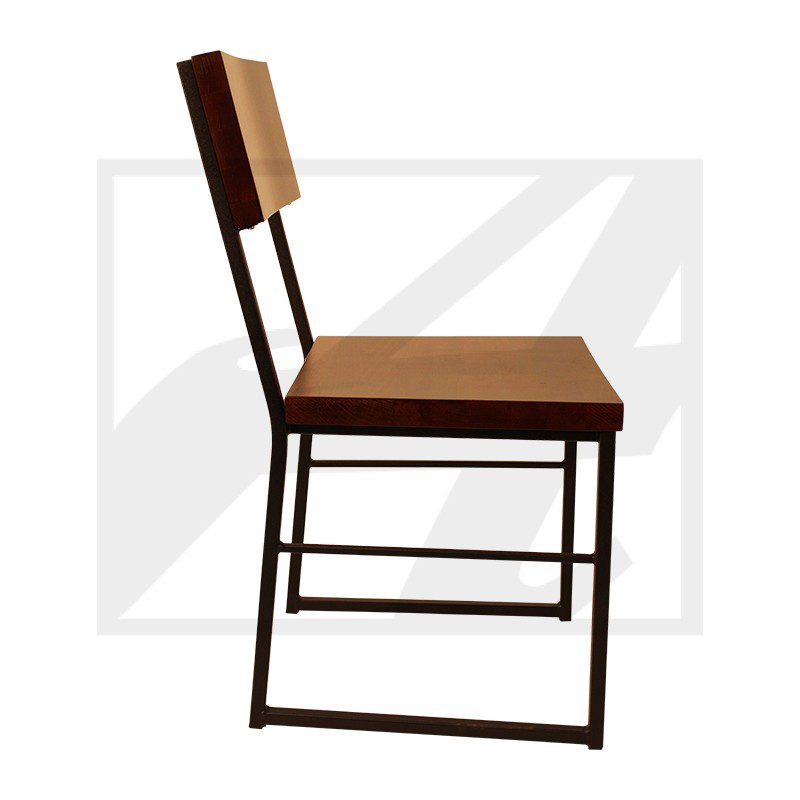 Minimalist wooden chair with a metal frame and a simple design.
