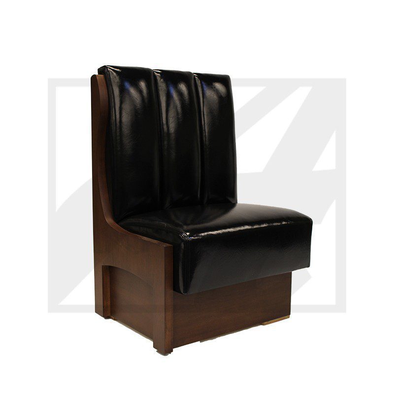 Black leather restaurant booth seating with wooden base.