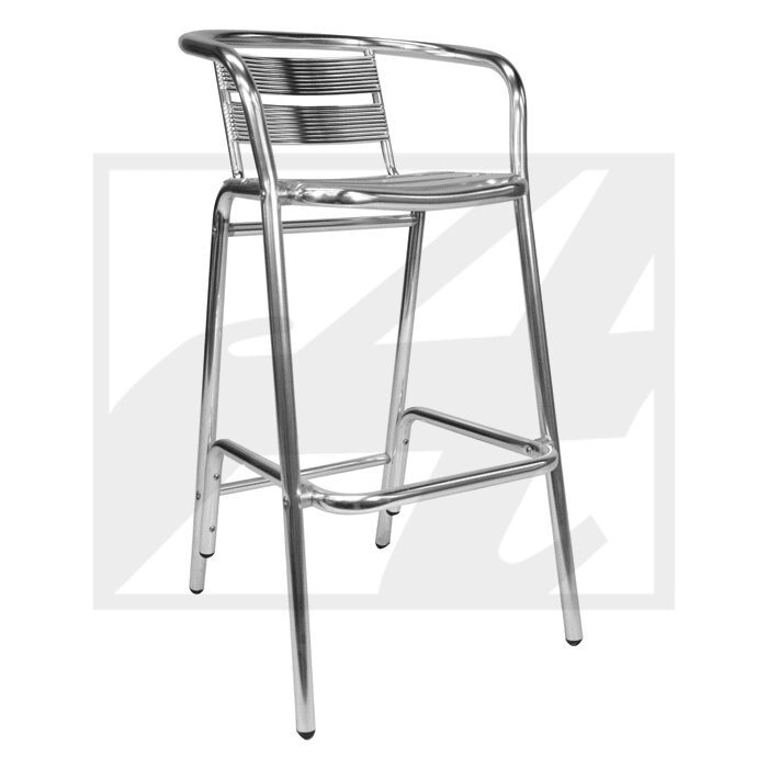 A sleek metal bar stool with a footrest and curved backrest.