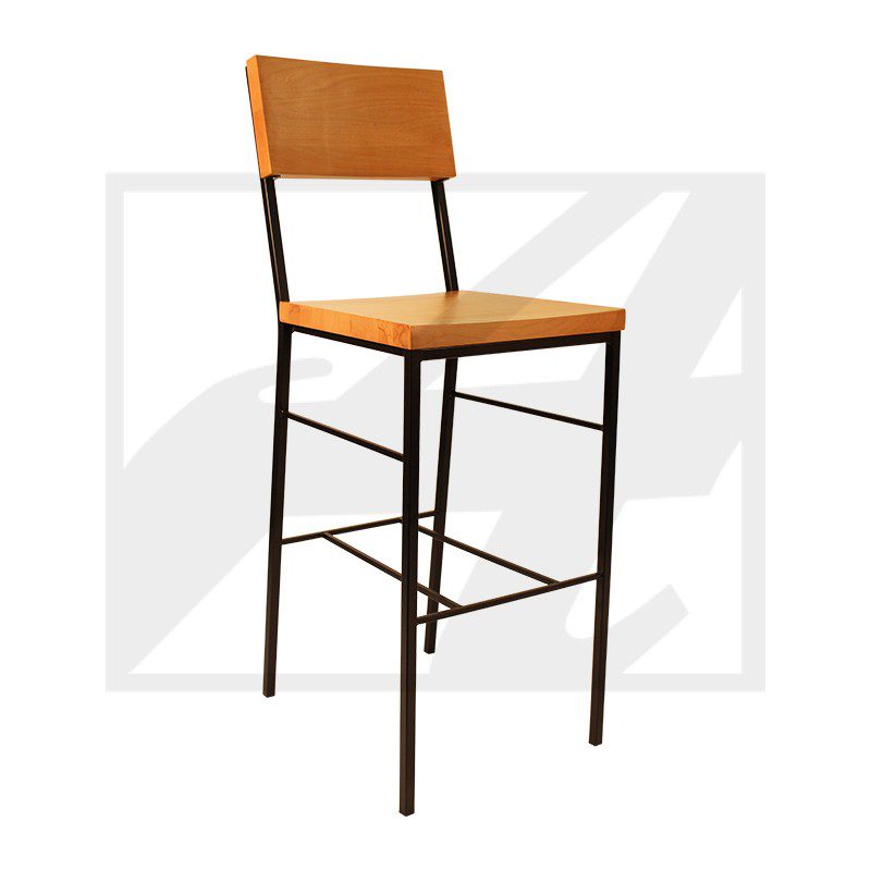 Modern bar stool with wooden seat and backrest on metal frame.