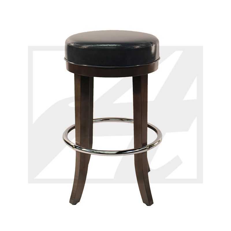 Round black cushioned bar stool with wooden legs and metal footrest.