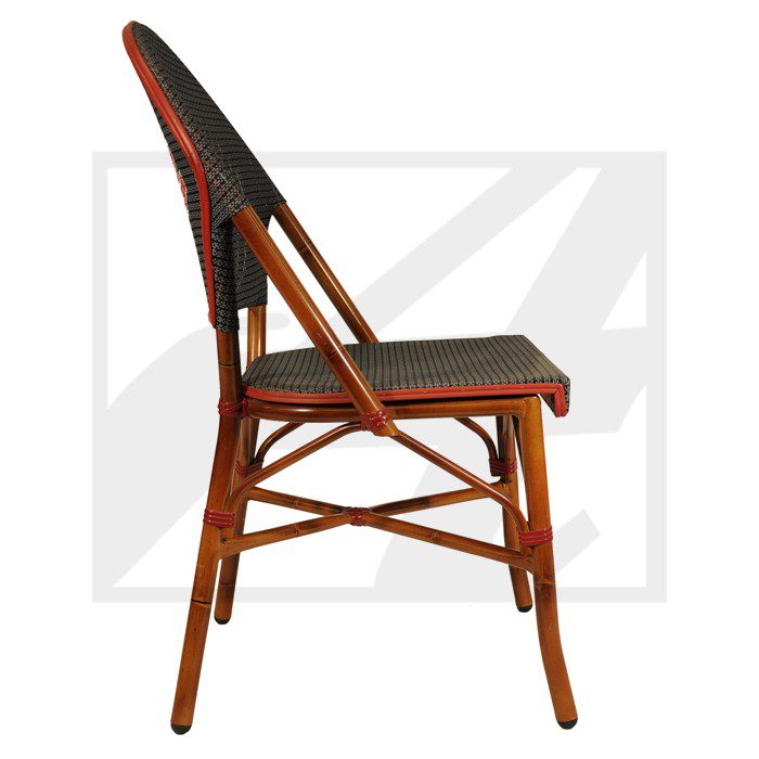 Side view of a wooden chair with a cushioned seat and backrest.