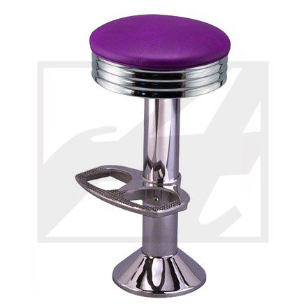 A retro-style chrome bar stool with a purple cushioned seat.