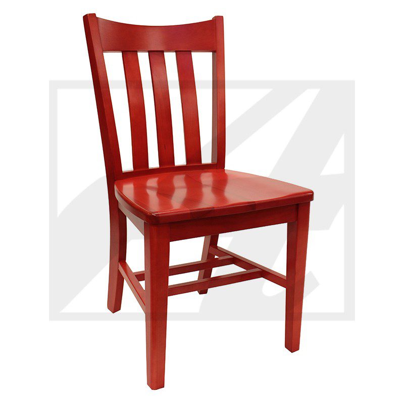 A classic red wooden chair with vertical slats on the backrest.