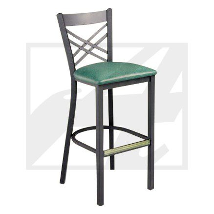 Black metal bar stool with green cushion and cross-back design.